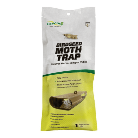 Birdseed moth trap packaging with Rescue logo on a white background