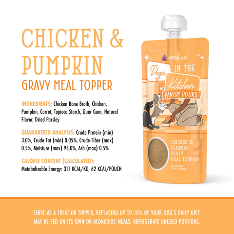 Dog food gravy meal topper by Weruva, Chicken & pumpkin in a pouch with a colorful label. 