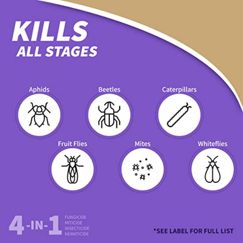 Product label showing pests that can be killed and types of pesticides used.