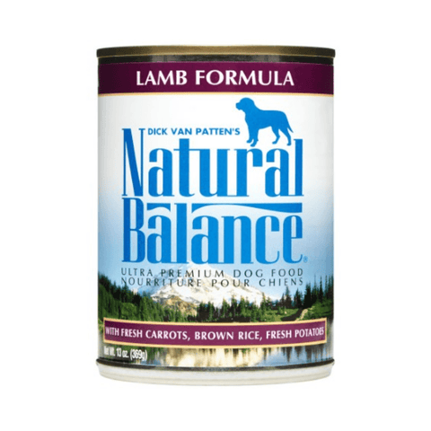 Canned dog food with lamb flavor in 13 oz Phillips Feed Ultra Premium Lamb Formula packaging, showing the product and branding.