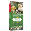 Purina Flock Raiser poultry feed crumbles in a 50 lb bag, designed for healthy poultry and bird nutrition.