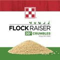 Purina Flock Raiser poultry feed crumbles in a 50 lb bag, suitable for raising healthy chickens and poultry.