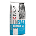 A bag of Purina Impact All Stages 12% Pelleted horse feed, featuring a white and blue design with a grayscale photo of a horse on the front.