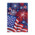 Decorative flag with American flag and fireworks design on a white background