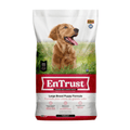 Blue Seal EnTrust Large Breed Puppy Dog Food with chicken and barley in a 50lb bag, designed for growing large breed puppies.