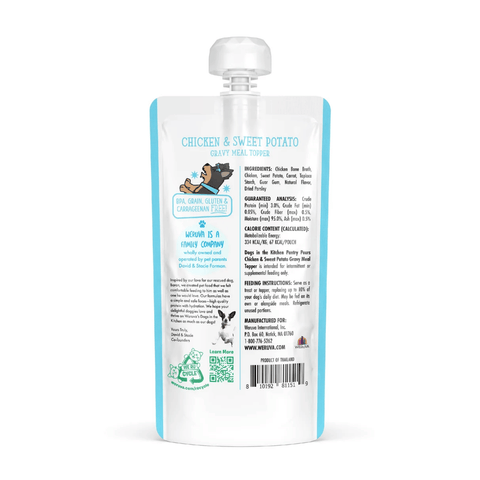 Dog food topper in a 7 oz container featuring Weruva Dogs in the Kitchen Chicken and Sweet Potato Gravy for dogs.