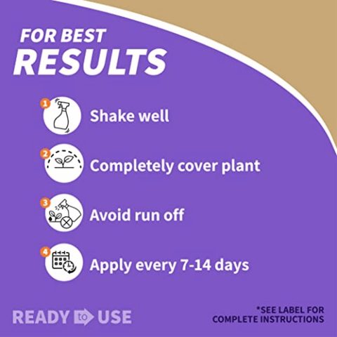 Instruction graphic with a purple background and tan curved section, reading 'FOR BEST RESULTS' and listing steps: shake well, completely cover plant, avoid run off, apply every 7-14 days. Small icons illustrate each step.