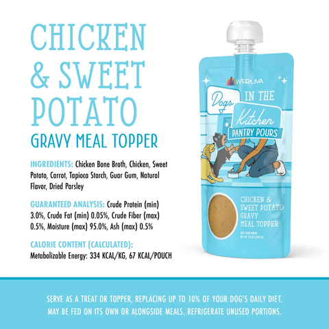 Dog food meal topper by Weruva, Chicken & Sweet Potato Gravy, 7 oz, in a can with a creamy texture and colorful label.