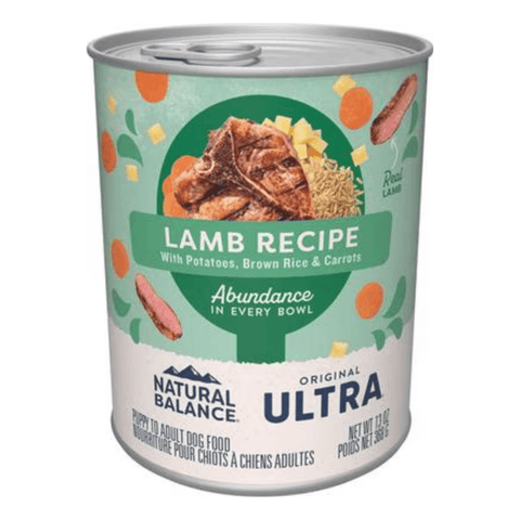 Canned dog food by Phillips Feed, Natural Balance Original Ultra Lamb Recipe, 13 oz, showing the dog food can with label and product details.