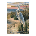 Painting of a white egret standing on a beach with grass and water in the background