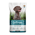 Blue Seal EnTrust Active Adult Dog Food with chicken and barley, showing a bag of dog food with ingredients and branding.