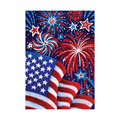 Decorative flag with American flag and fireworks design on a white background