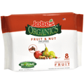A package of Jobes Organics Fruit & Nut Tree Spikes, featuring a white and orange bag with illustrations of fruits and nuts and a horse head graphic.