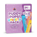 Dog food treats in 0.5 oz tubes from Weruva Puddy Pops variety pack, featuring colorful, lickable cat treat packaging.