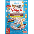A package of INABA Churu Fun Bites cat treats, featuring the Chicken Recipe wraps and Tuna Recipe. The packaging is bright blue with illustrations of cats and treats, and shows multiple individually wrapped treats inside.