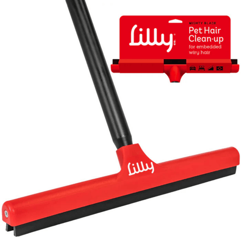 Red squeegee with black handle and 'Lilly' branding on a white background