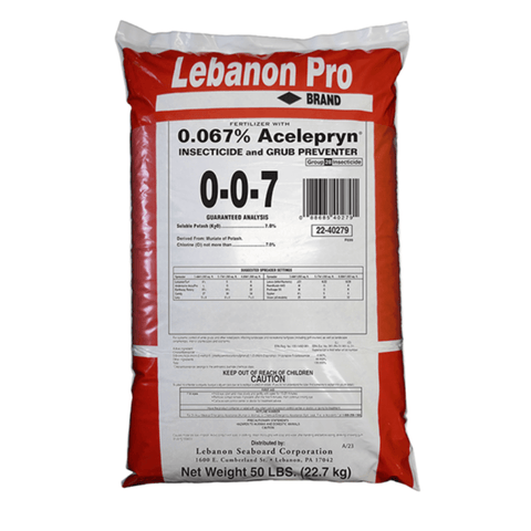 Lebanon Pro® 0-0-7 fertilizer by The Mill with .067% Acelepryn, showing the granular fertilizer in a close-up shot.