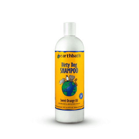 Bottle of Earthbath Dirty Dog Shampoo on a white background