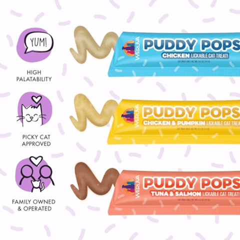 Weruva Puddy Pops lickable cat treats in 0.5 oz tubes, variety pack, designed for cats, from Pet Food Experts.