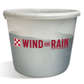 A translucent white plastic bucket of Wind and Rain Cattle Mineral with a red logo printed on the front, set against a plain white background.