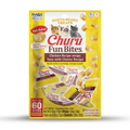 A package of Inara Churu Fun Bites cat treats, featuring a bright yellow pouch with illustrations of tuna and cat treats, and three individual wrapped treats shown at the bottom.
