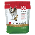 A 5 lb bag of Purina Flock Raiser crumbles poultry feed, featuring a red, white, and green design with illustrations of a rooster and a duckling.