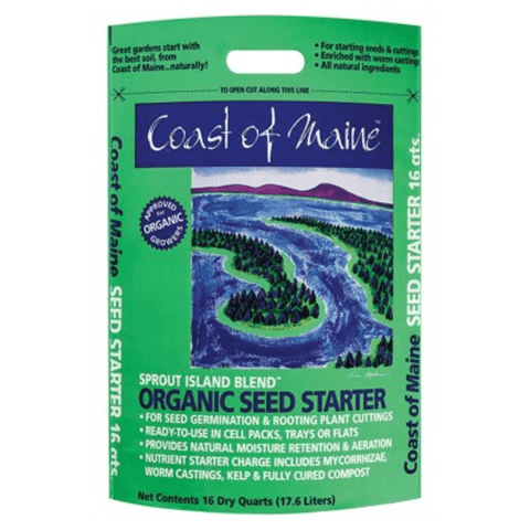 A 16 qt bag of Coast of Maine Seed Starter Organic Seed Starter, featuring a green package with a central illustration of a winding river and forest.