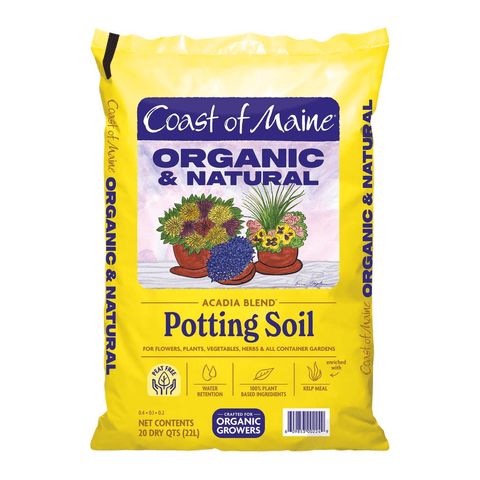 Coast of Maine Acadia Organic Flower and Vegetable Potting Mix 20 Qt for lawn and garden planting, with organic compost and nutrients.