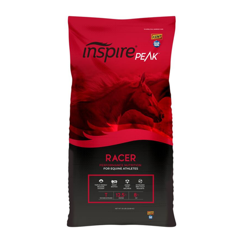 Blue Seal Inspire PEAK Racer Horse Feed bag featuring bright packaging with a horse silhouette and product branding.