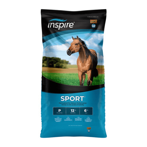Blue Seal Inspire® Sport Horse Feed 50 lb bag, showing textured horse feed suitable for active sport horses.