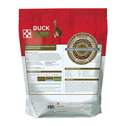 Poultry feed pellets by The Mill, 5lb bag of Purina® Duck Feed Pellets for healthy ducks, shown in a clear bag with pellets inside.