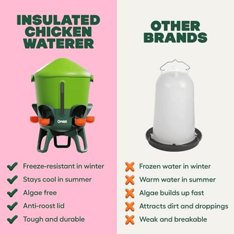 Comparison of insulated chicken waterer with other brands on a pink and white background.
