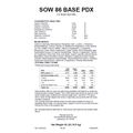 A white sheet of paper with printed text detailing the nutrition analysis and feeding directions for SOW 86 Base PDX, including guaranteed analysis percentages, ingredients, and a feeding table.