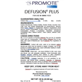 A white product information card for Promote Defusion Plus Diffuser Plus, showing text details including ingredients, usage directions, warnings, and manufacturer information for Provimi North America.