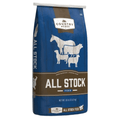 A 50 lb bag of Country Acres All Stock Feed, featuring a blue and brown bag with white silhouettes of horses, cows, sheep, and chickens.