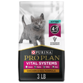 A 3 lb bag of Purina Pro Plan Vital Systems Chicken & Egg Formula cat food for kittens, featuring a grey kitten on the packaging.
