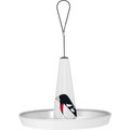 A white cone-shaped hanging feeder with a black loop handle and a metal tray base, featuring a penguin illustration on the front.