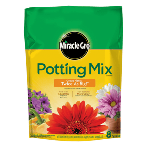 Bag of Miracle-Gro Flower & Plant Potting Mix in an 8 Qt bag, designed for healthy garden flowers and plants, shown on a website.