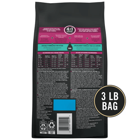 Back view of a 3 lb bag of pet food, showing the product information panel in pink, teal, and white on a black background, with a circular '3 LB BAG' badge on the right.