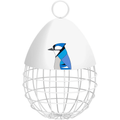 White bird feeder with a blue and gray bird illustration on a white background