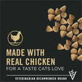 A promotional graphic for pet food featuring brown triangular kibble pieces scattered on the right side against a dark charcoal background. On the left, gold and white text reads 'MADE WITH REAL CHICKEN FOR A TASTE CATS LOVE,' with a chicken silhouette logo above and a veterinary recommended brand mark below.