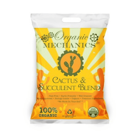 Organic Mechanics cactus and succulent potting soil in an 8 Qt bag, ideal for desert plants and drought-tolerant succulents.