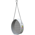 A white hanging bird feeder with a black hanging strap, featuring a gray mesh screen and a small yellow bird and purple flower illustration on the side.