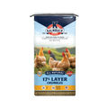 Kalmbach Feeds All Natural 17% Layer Crumbles packaging with chickens on a grassy field background.