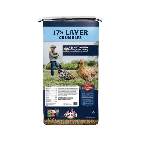Bag of Kalm Bach 17% Layer Crumbles with a man and chickens on the label.