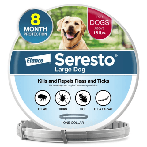 Elanco Seresto large Dog flea and tick collar packaging with a circular white, blue, and green label, plus a gray one-collar shown in front on a white background.