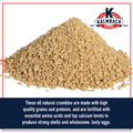 Pile of brown feed crumbles with Kalmbach Feeds logo and product description text.