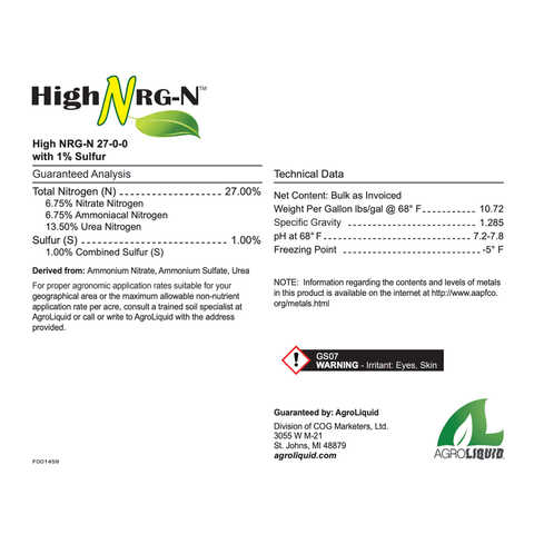 organic high nitrogen liquid fertilizer AgroLiquid® High NRG-N 27-0-0-1S Liquid Fertilizer - BULK