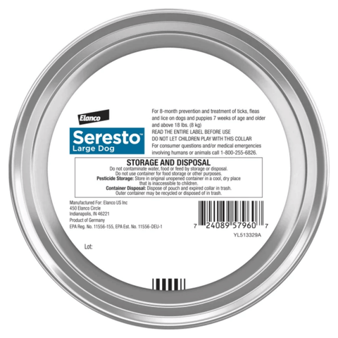 Elanco Seresto Dog flea and tick collar packaging with a circular silv er outlining a white informational label.  In front on a white background.