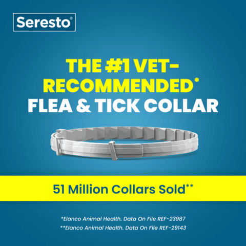 promotional graphic from Seresto Dog flea and tick collar. The #1 vet recommended flea and tick collar. 51 million collars sold.